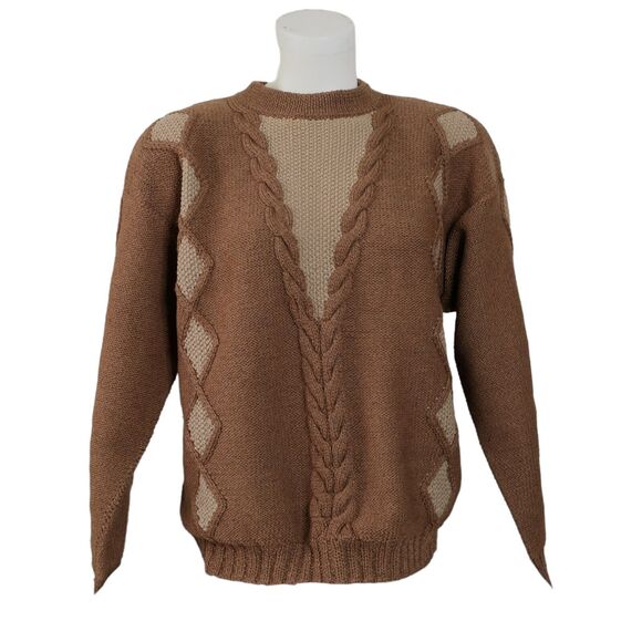Vintage Handmade Knit Sweater Sz M Brown Tan Long Sleeve Cable Knit EUC - Picture 1 of 7
